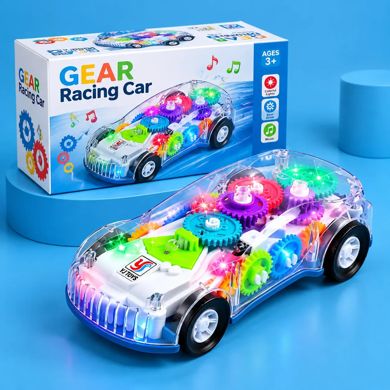 Transparent Gear Racing Small Car Toy – Mechanical Concept Car with Music, Flashing LED Lights & Bump and Go Action - Image 2