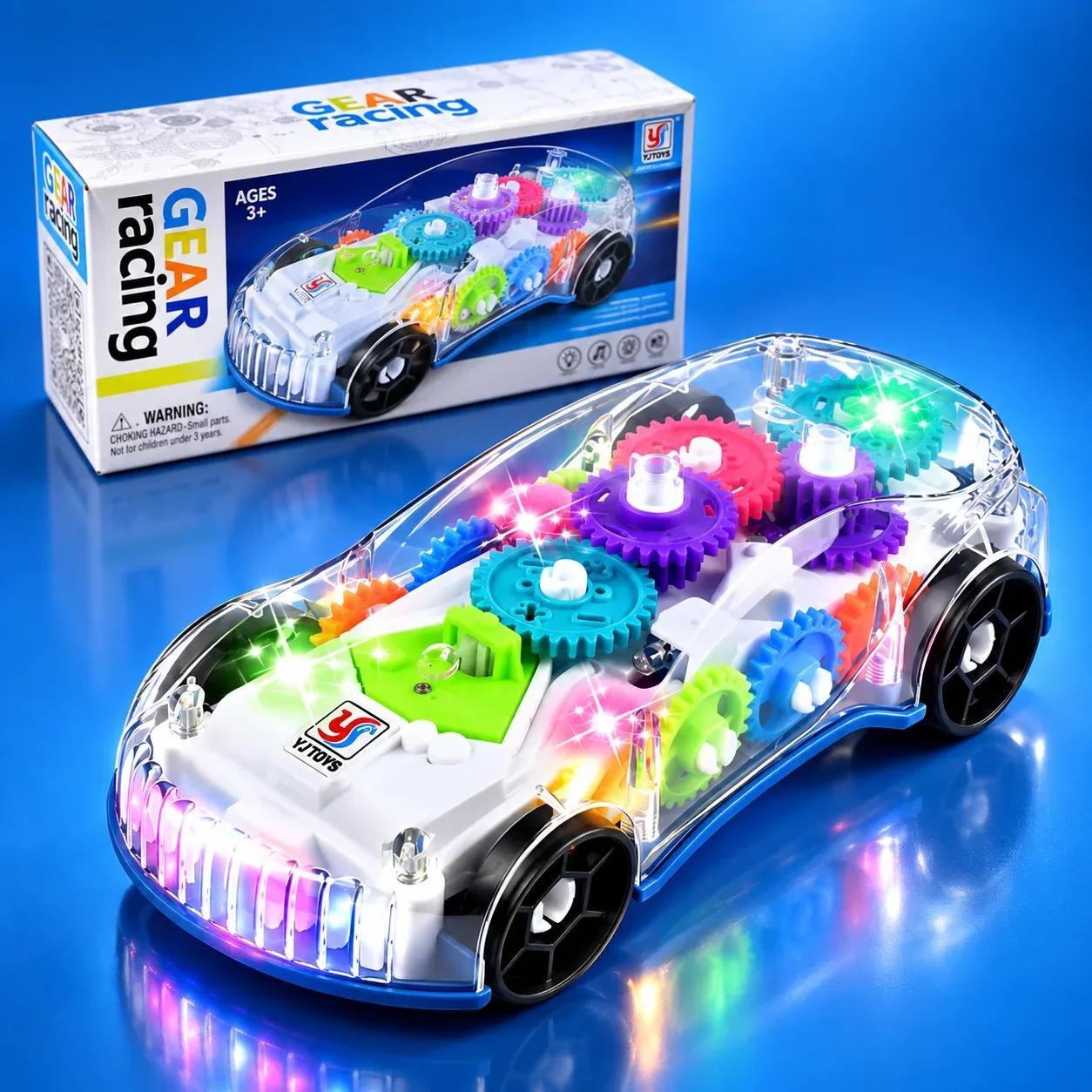 Transparent Gear Racing Small Car Toy – Mechanical Concept Car with Music, Flashing LED Lights & Bump and Go Action
