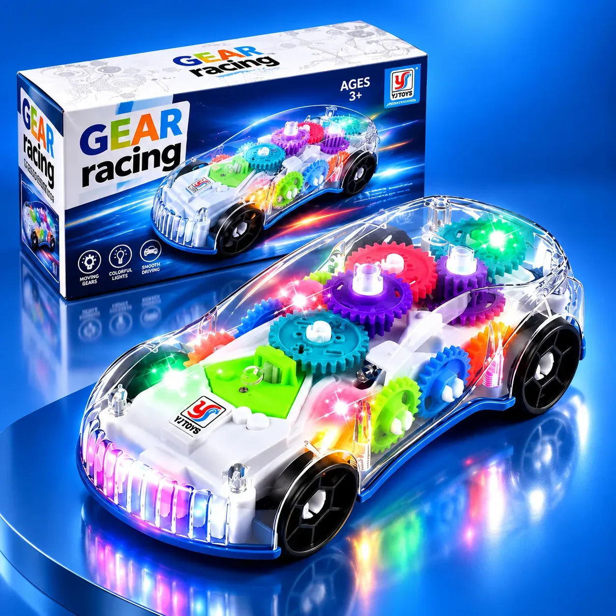 Transparent Gear Racing Small Car Toy – Mechanical Concept Car with Music, Flashing LED Lights & Bump and Go Action - Image 3